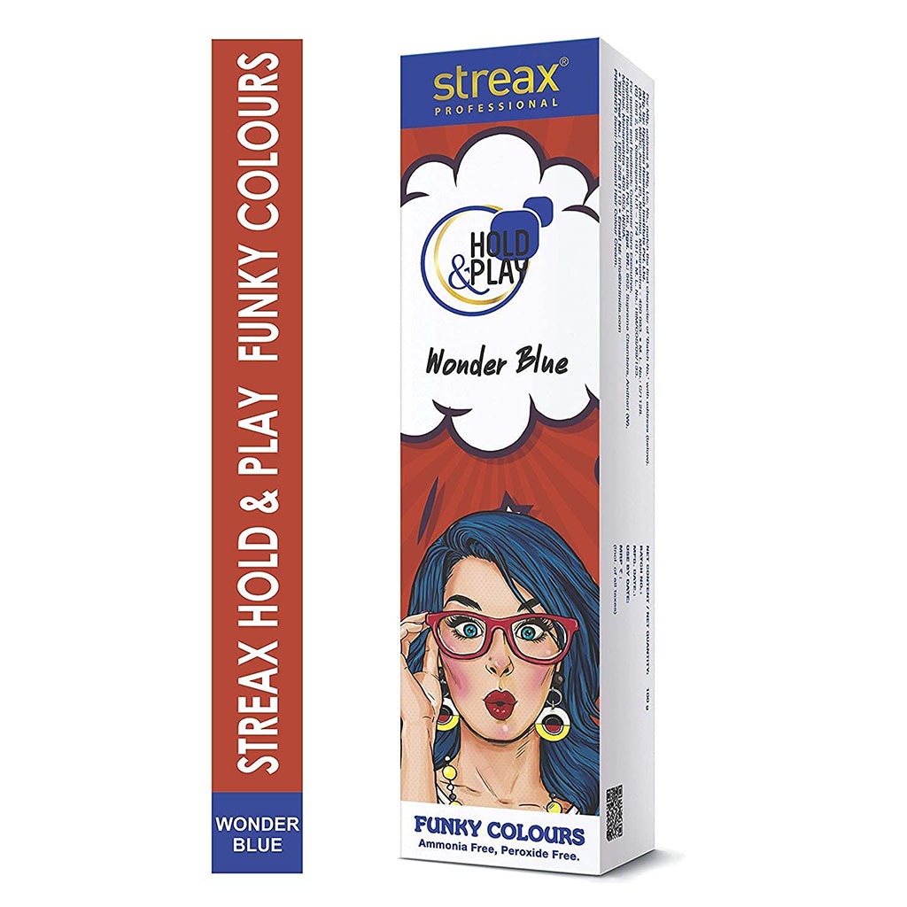 Streax Professional Hold & Play Ammonia & Peroxide - Free Funky Colors Semi-Permanent Hair Color Cream - Wonder Blue 100g