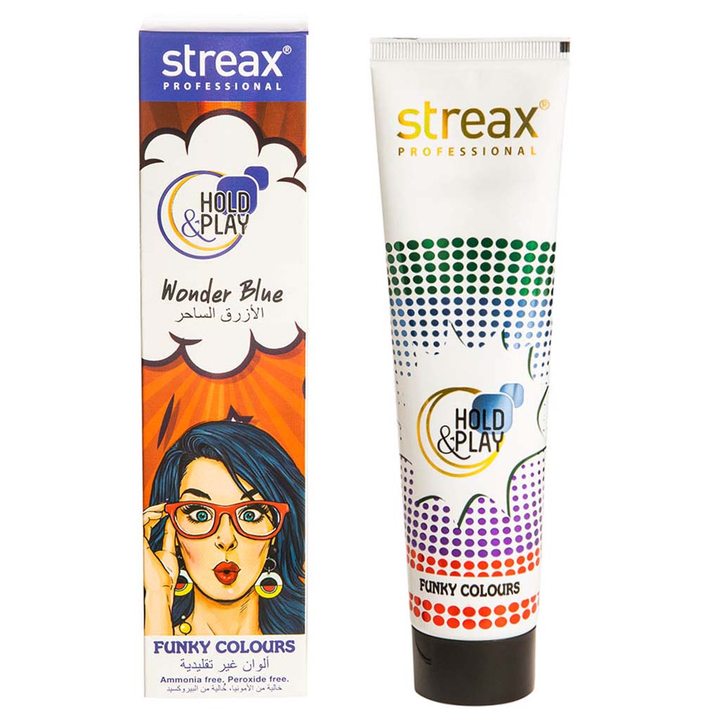 Streax Professional Hold & Play Ammonia & Peroxide - Free Funky Colors Semi-Permanent Hair Color Cream - Wonder Blue 100g