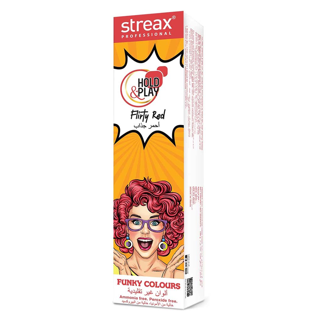 Streax Professional Hold & Play Ammonia & Peroxide - Free Funky Colors Semi-Permanent Hair Color Cream - Flirty Red 100g