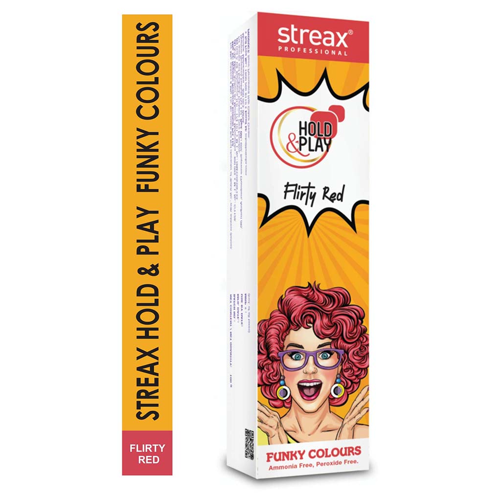Streax Professional Hold & Play Ammonia & Peroxide - Free Funky Colors Semi-Permanent Hair Color Cream - Flirty Red 100g