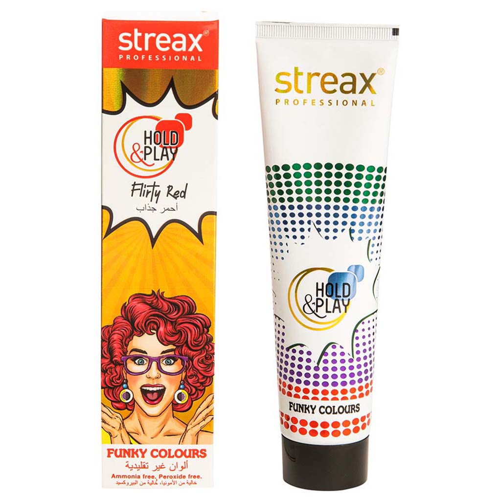 Streax Professional Hold & Play Ammonia & Peroxide - Free Funky Colors Semi-Permanent Hair Color Cream - Flirty Red 100g