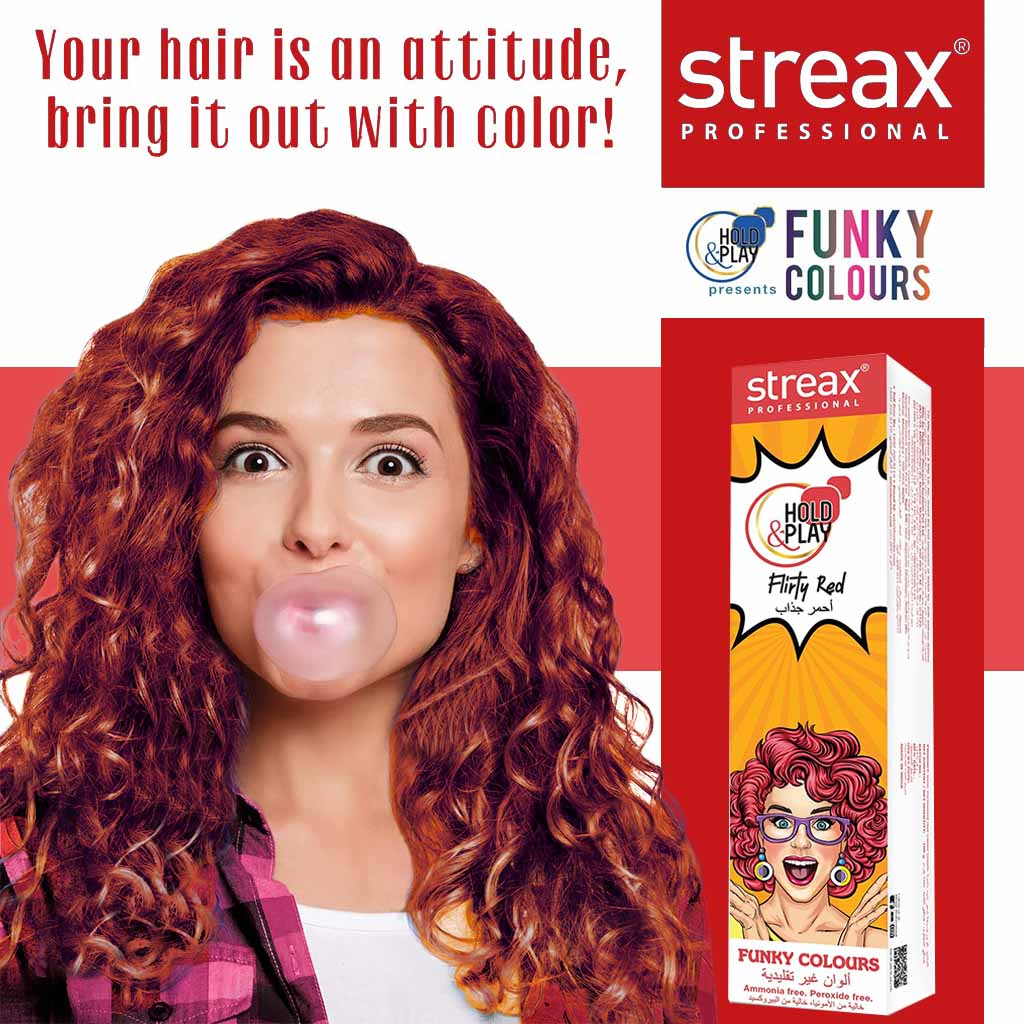Streax Professional Hold & Play Ammonia & Peroxide - Free Funky Colors Semi-Permanent Hair Color Cream - Flirty Red 100g