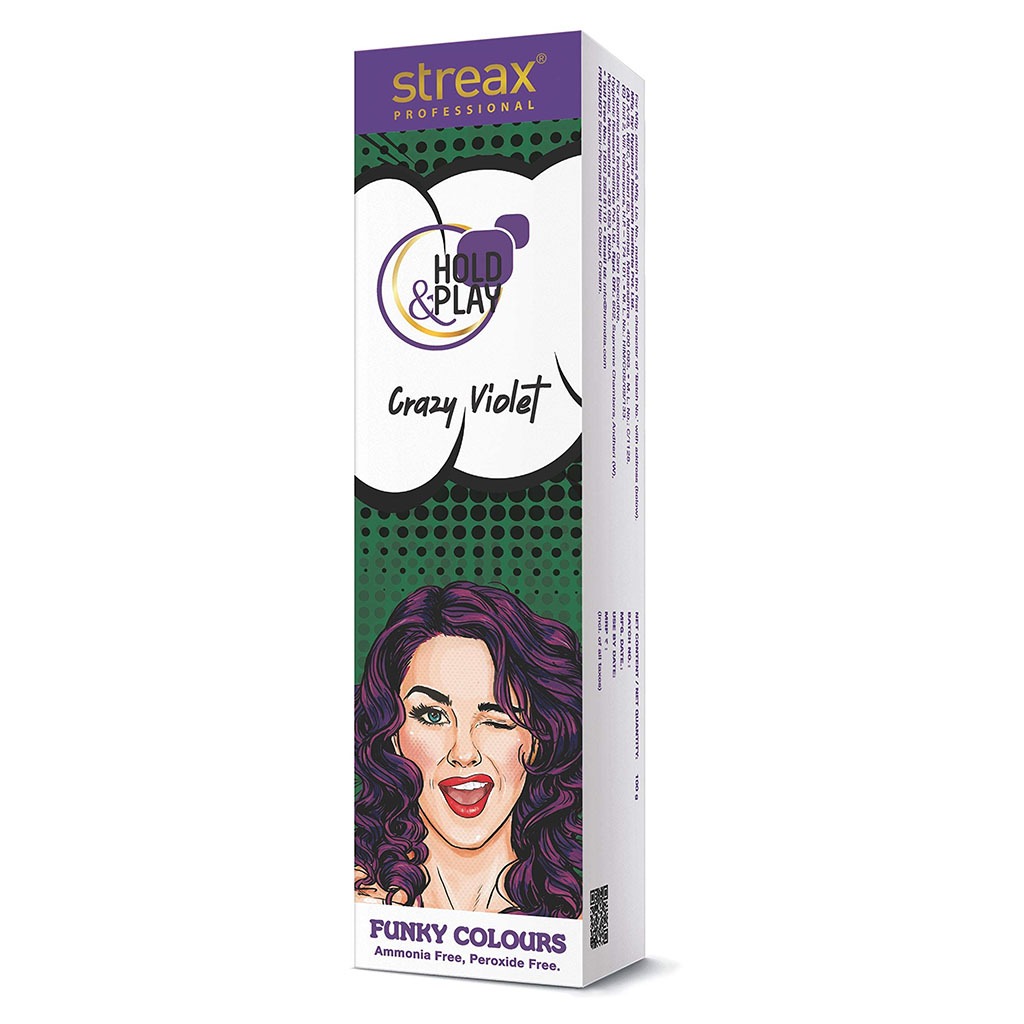 Streax Professional Hold & Play Ammonia & Peroxide - Free Funky Colors Semi-Permanent Hair Color Cream - Crazy Violet 100g