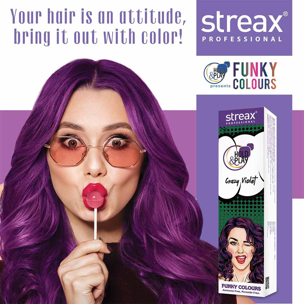 Streax Professional Hold & Play Ammonia & Peroxide - Free Funky Colors Semi-Permanent Hair Color Cream - Crazy Violet 100g