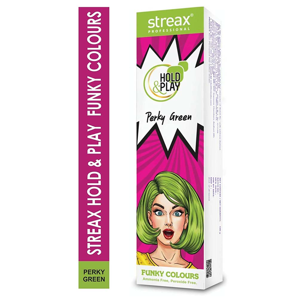 Streax Professional Hold & Play Ammonia & Peroxide - Free Funky Colors Semi-Permanent Hair Color Cream - Perky Green 100g