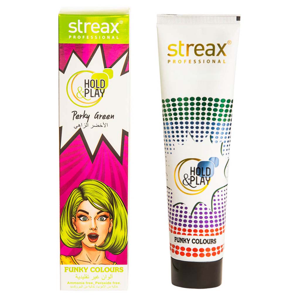 Streax Professional Hold & Play Ammonia & Peroxide - Free Funky Colors Semi-Permanent Hair Color Cream - Perky Green 100g