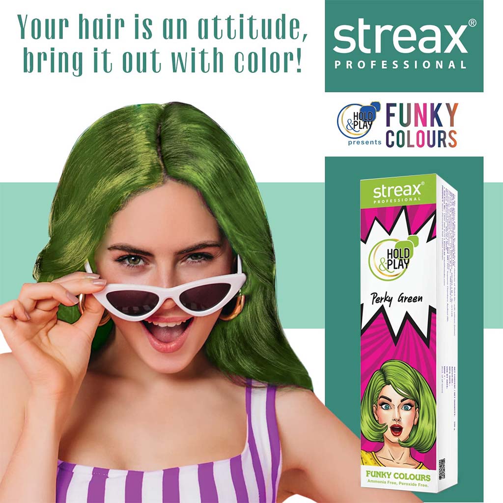 Streax Professional Hold & Play Ammonia & Peroxide - Free Funky Colors Semi-Permanent Hair Color Cream - Perky Green 100g