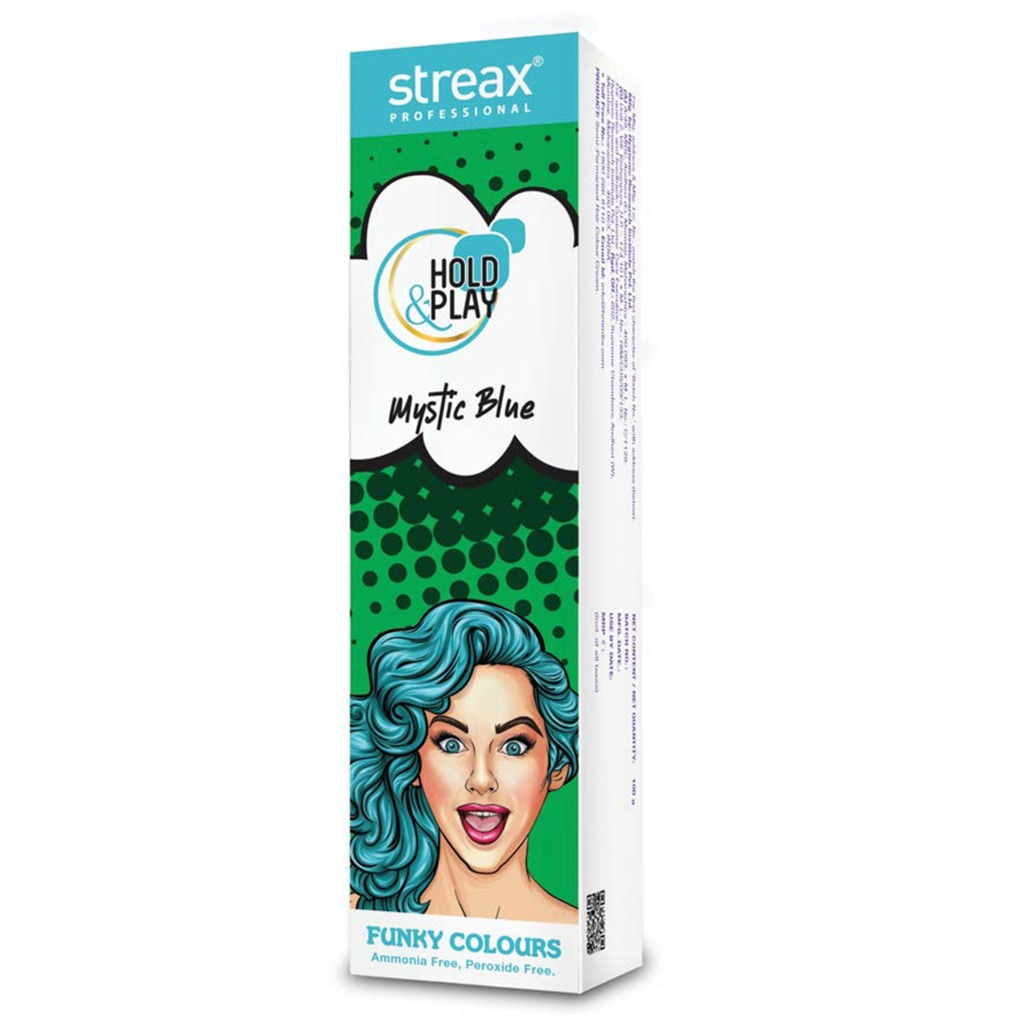 Streax Professional Hold & Play Ammonia & Peroxide - Free Funky Colors Semi-Permanent Hair Color Cream - Mystic Blue 100g