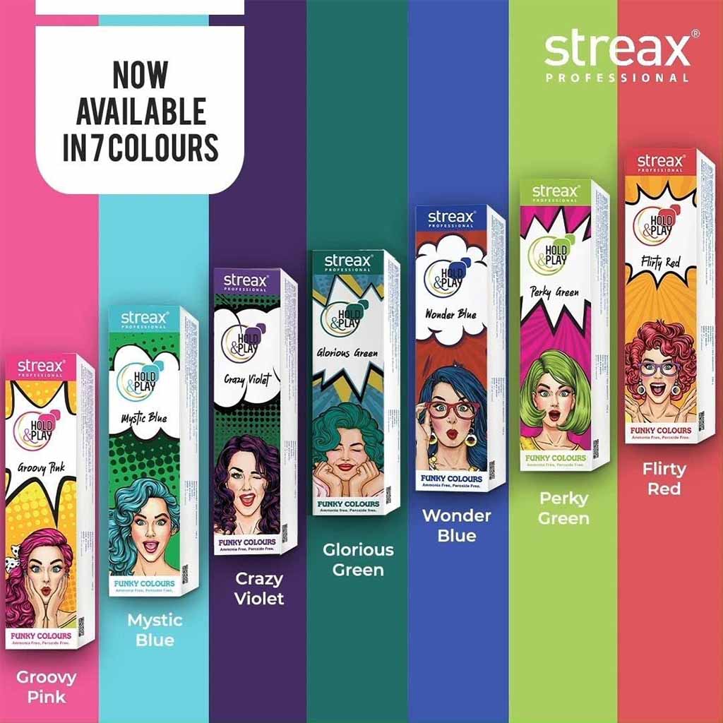 Streax Professional Hold & Play Ammonia & Peroxide - Free Funky Colors Semi-Permanent Hair Color Cream - Mystic Blue 100g