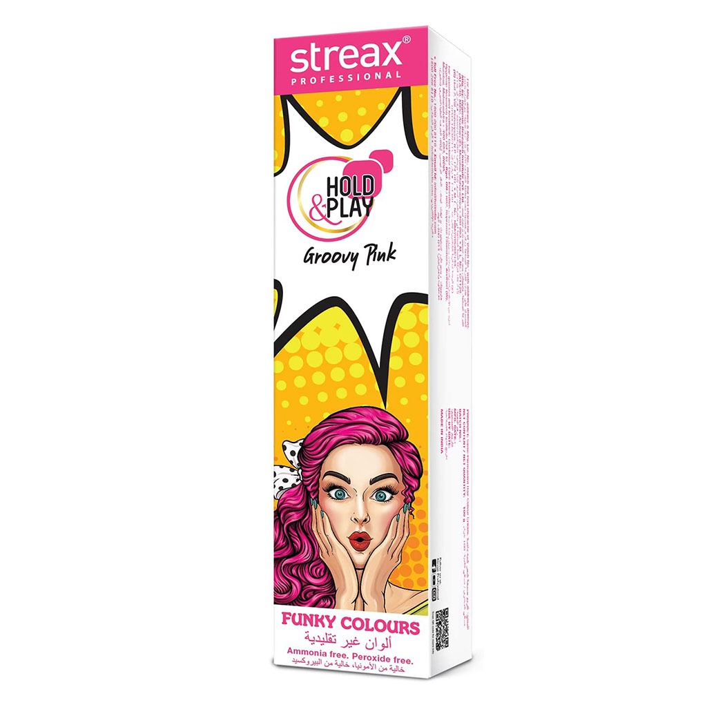 Streax Professional Hold & Play Ammonia & Peroxide - Free Funky Colors Semi-Permanent Hair Color Cream - Groovy Pink 100g