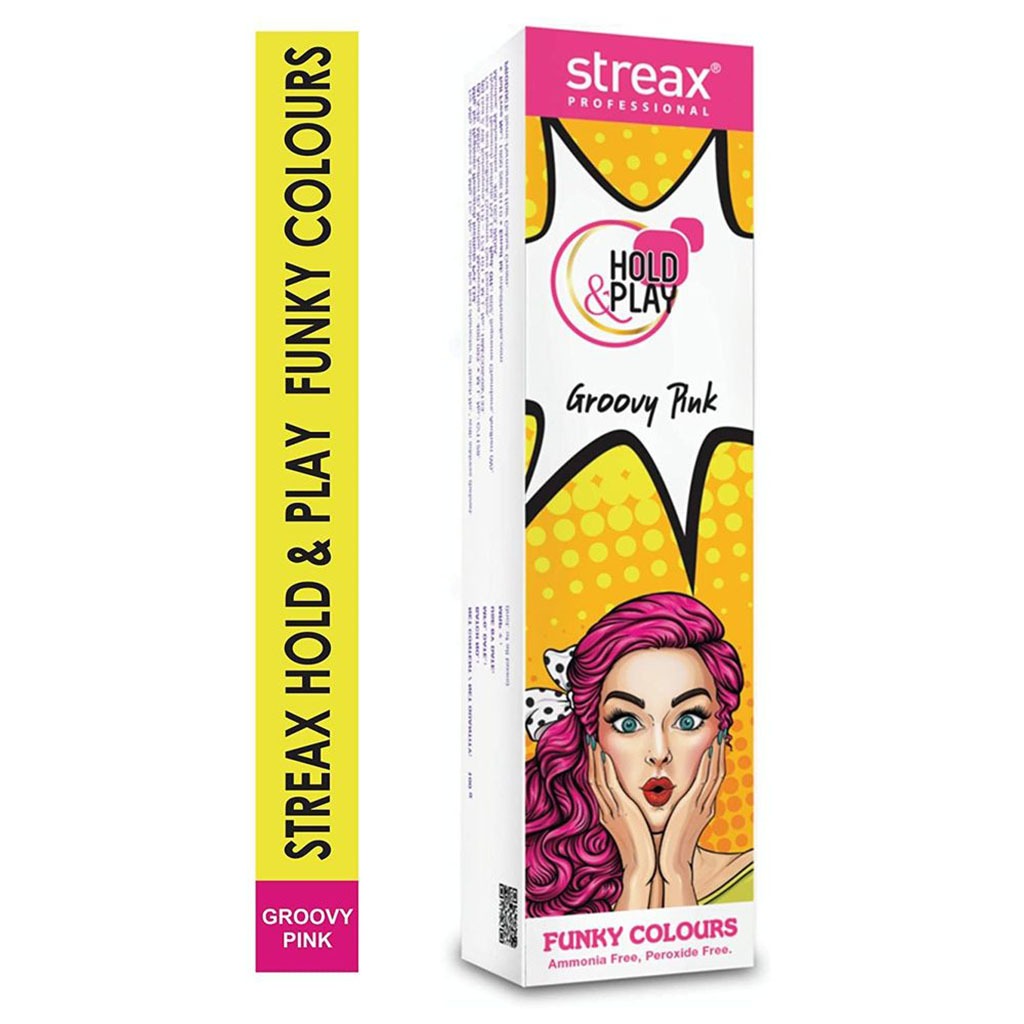Streax Professional Hold & Play Ammonia & Peroxide - Free Funky Colors Semi-Permanent Hair Color Cream - Groovy Pink 100g