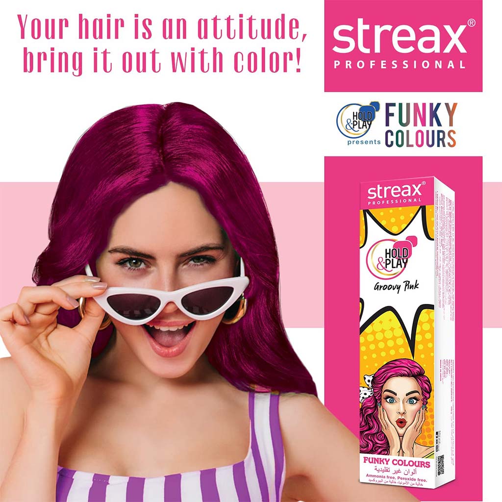 Streax Professional Hold & Play Ammonia & Peroxide - Free Funky Colors Semi-Permanent Hair Color Cream - Groovy Pink 100g