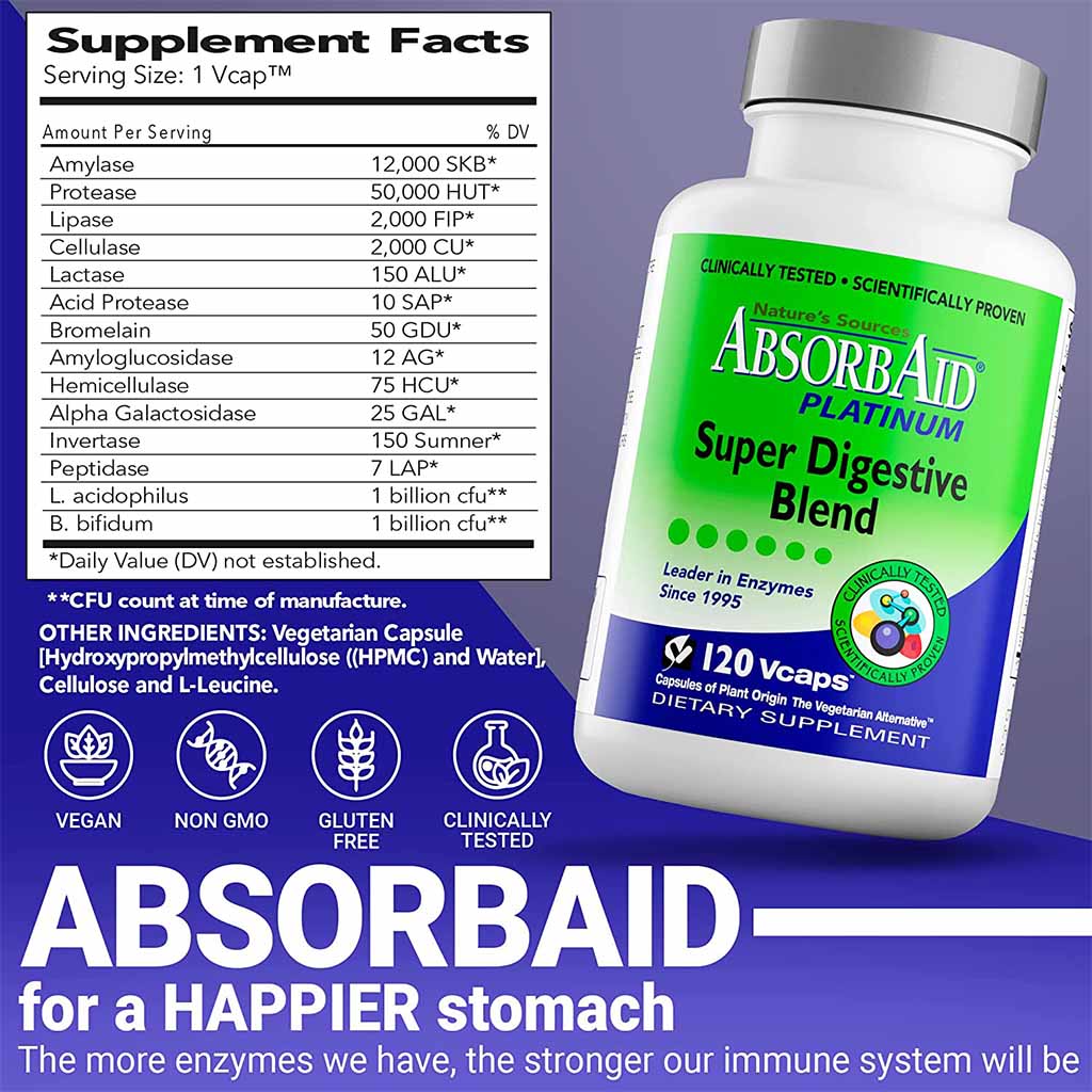 Nature's Sources AbsorbAid Platinum Super Digestive Enzyme & Probiotic Blend Vegetarian Capsules For Digestive Support, Pack of 120's
