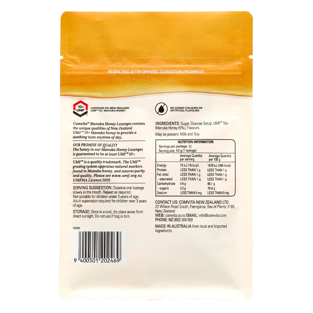 Comvita Soothing Manuka Honey Lozenges, Zesty Lemon Flavor, Pack of 12's