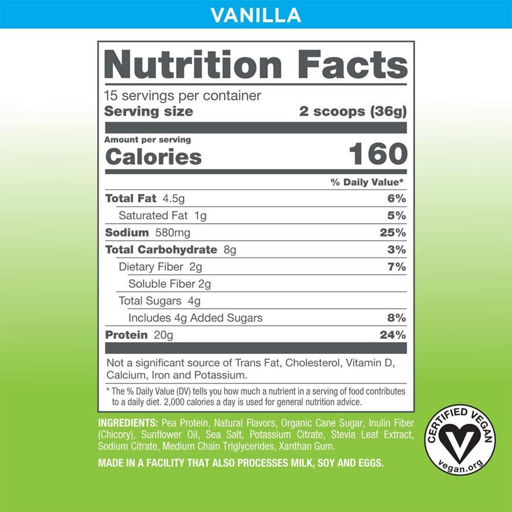 Naturade Plant Based VeganSmart Pea Protein Vegan Shake Powder, Vanilla Flavor, 15 Servings - 540g