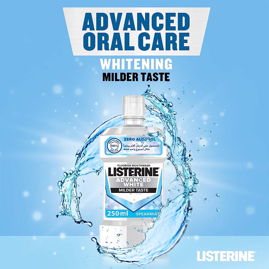 Listerine Advanced White Mouthwash With Zero Alcohol, Milder Taste, Spearmint Flavor, 250ml