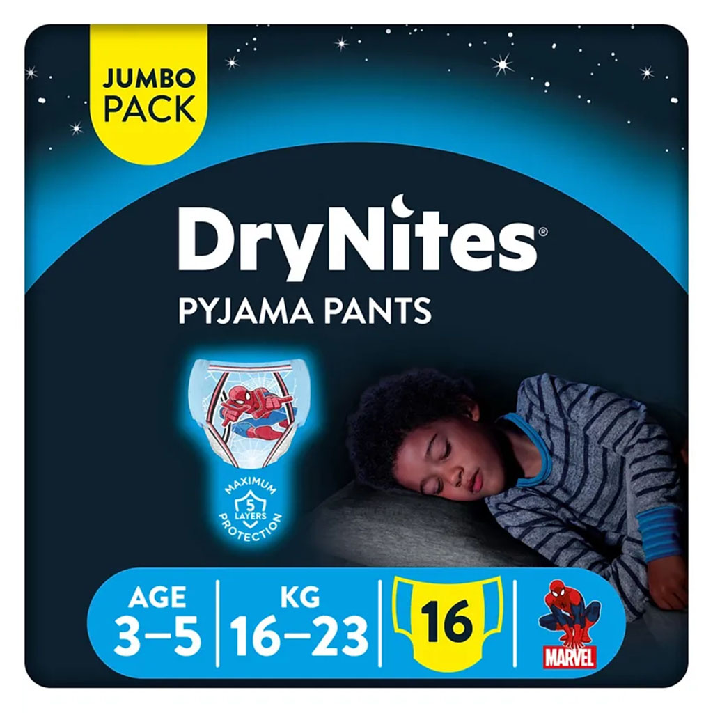 Huggies DryNites Pyjama Pants, 3-5 Years, 16-23Kg, Bed Wetting Diapers For Boys, Jumbo Pack of 16's
