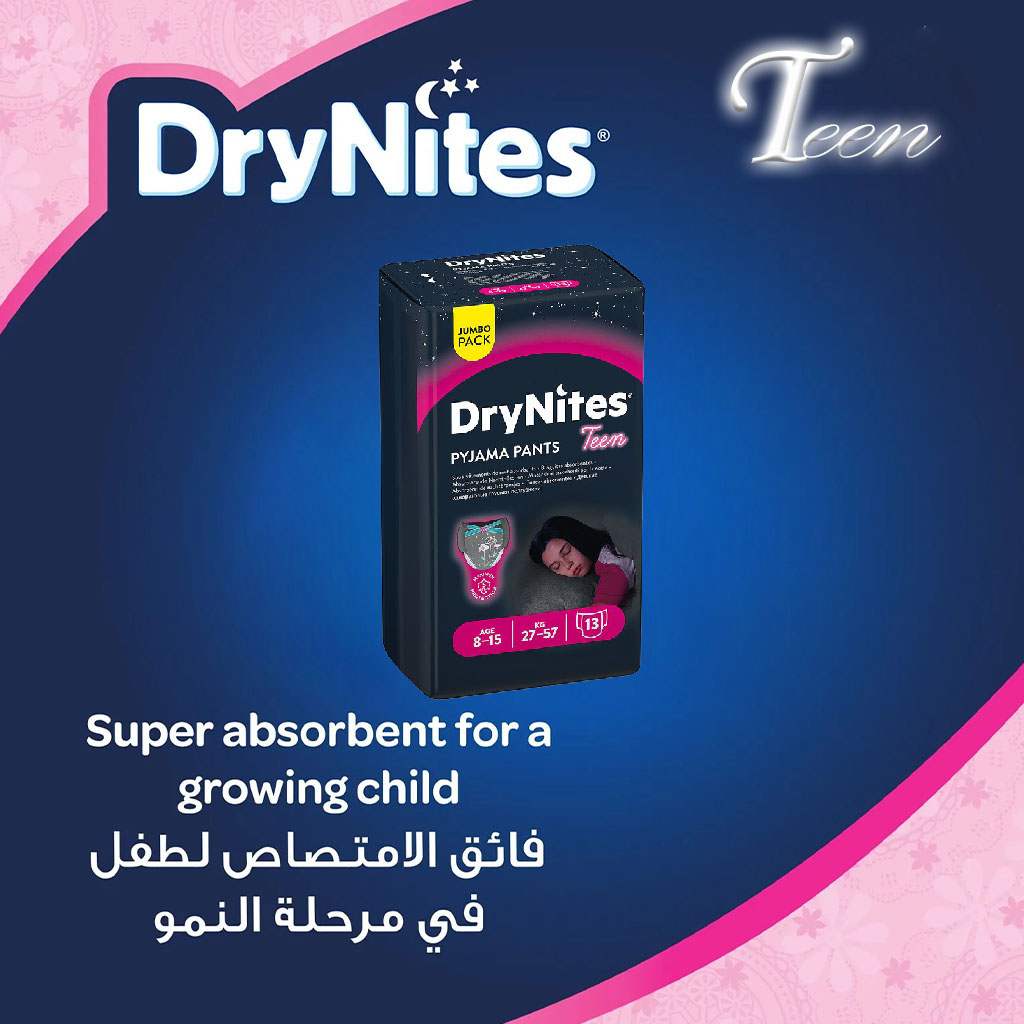 Huggies DryNites Pyjama Pants, 8-15 Years, 27-57Kg, Bed Wetting Diapers For Girls, Jumbo Pack of 13's