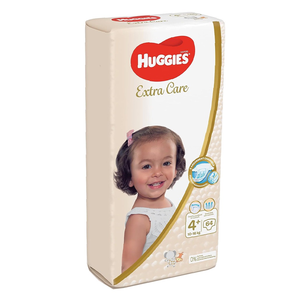 Huggies Extra Care Baby Diapers, Size 4+, 10-16Kg, Pack of 64's