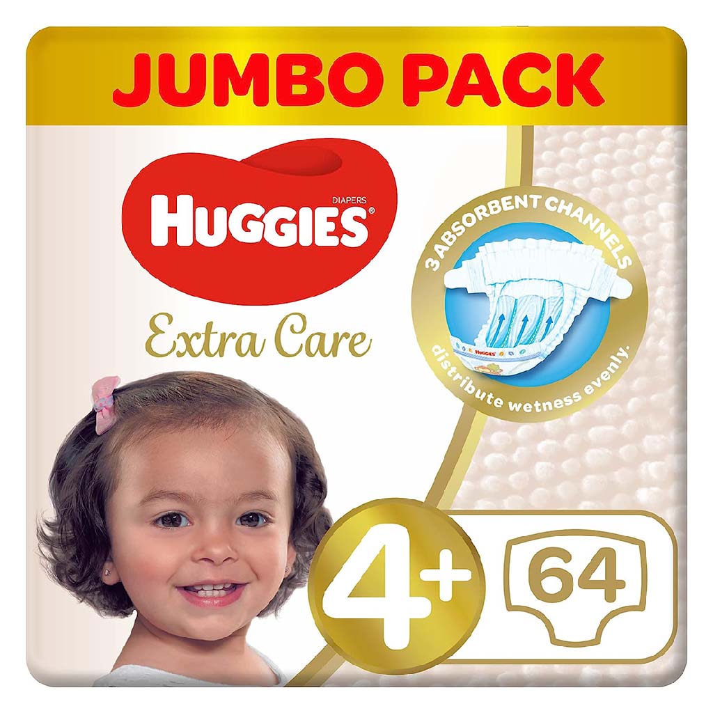 Huggies Extra Care Baby Diapers, Size 4+, 10-16Kg, Pack of 64's