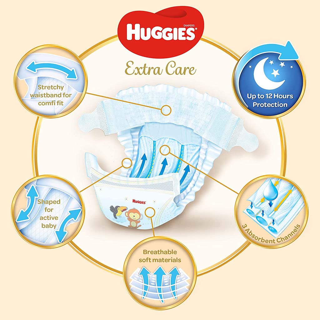 Huggies Extra Care Baby Diapers, Size 4+, 10-16Kg, Pack of 64's