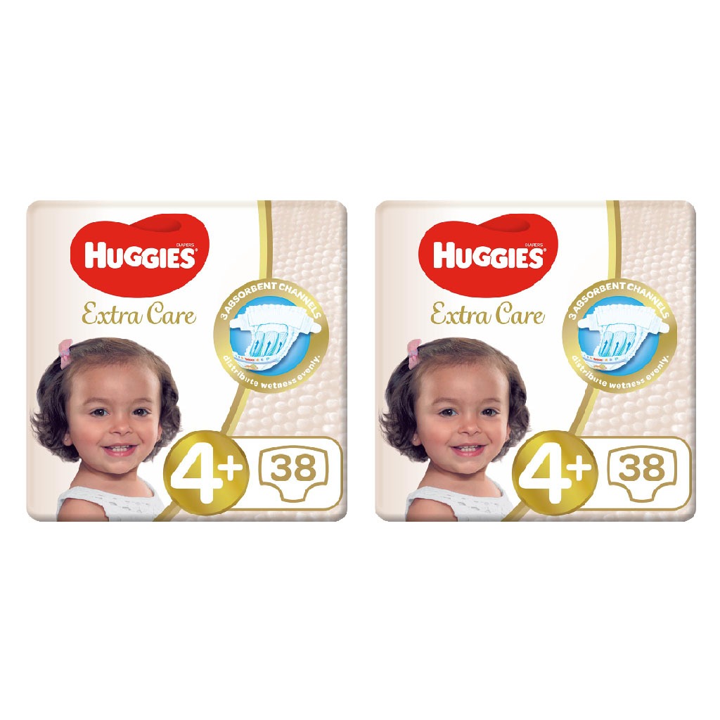 Huggies Extra Care Baby Diapers, Size 4+, For 10 -16kg Baby, Promo Pack of 2 x 38's