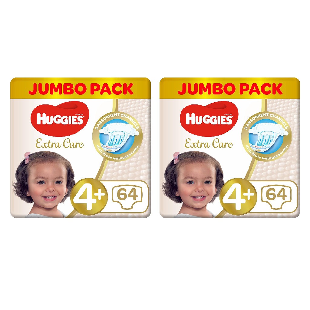 Huggies Extra Care Baby Diapers, Size 4+, For 10-16Kg, Promo Jumbo Pack of 2 x 64's