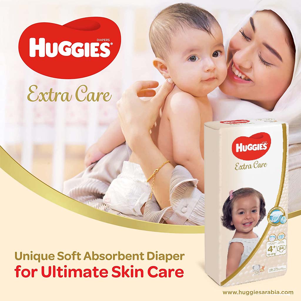 Huggies Extra Care Baby Diapers, Size 4+, For 10-16Kg, Promo Jumbo Pack of 2 x 64's