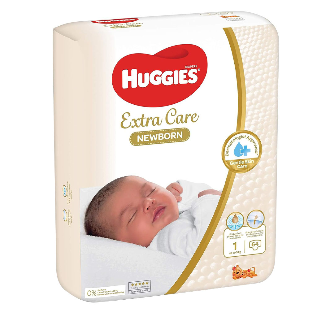 Huggies Extra Care Newborn Diapers, Size 1, 1-5Kg, Promo Jumbo Pack of 2 x 64's