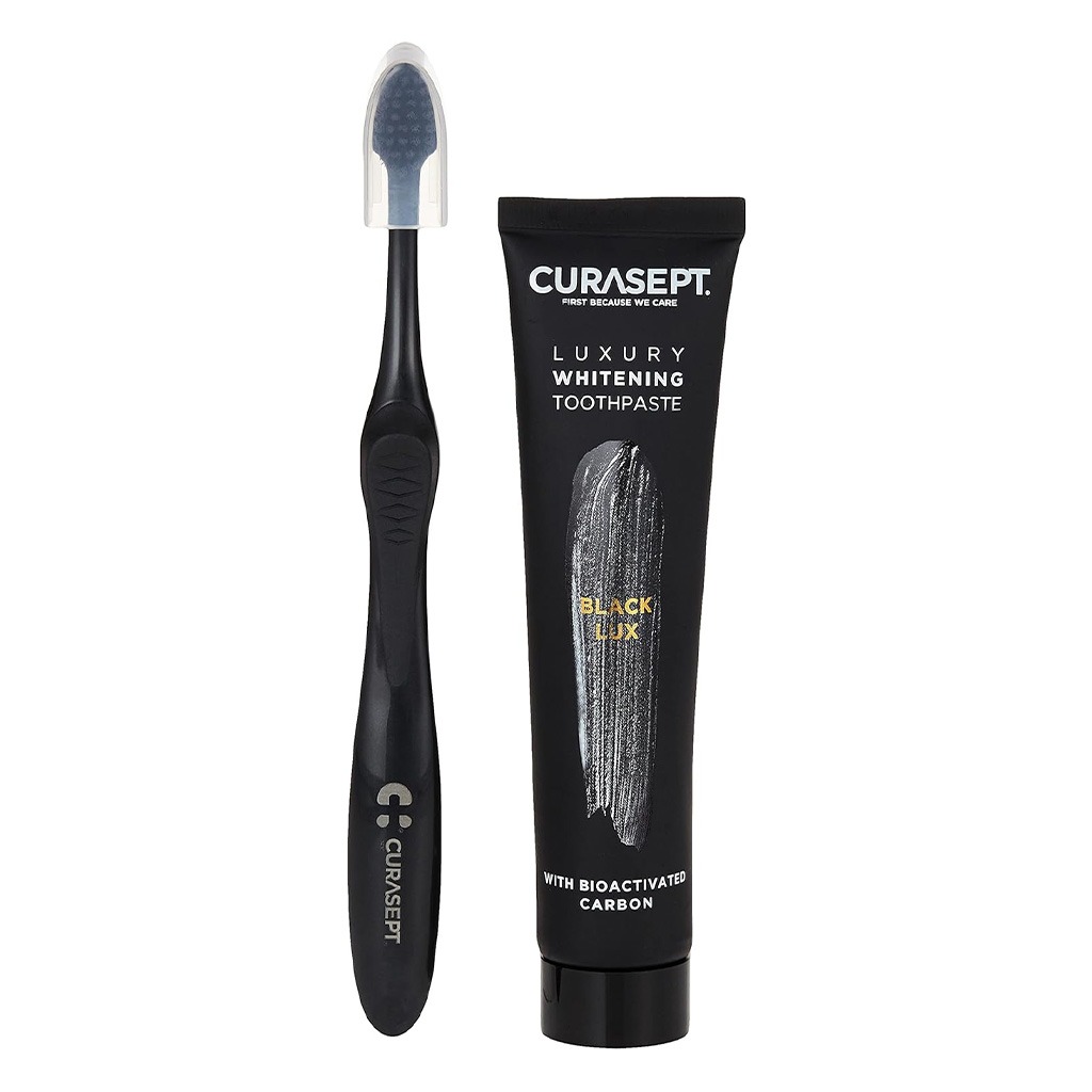 Curasept Black Luxury Whitening Toothpaste With Activated Carbon 75ml + Curasept Whitening Toothbrush, Pack of 2 pieces