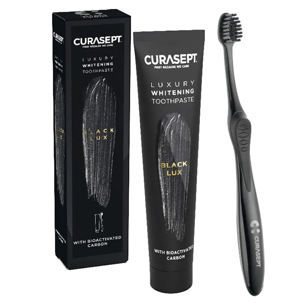Curasept Black Luxury Whitening Toothpaste With Activated Carbon 75ml + Curasept Whitening Toothbrush, Pack of 2 pieces