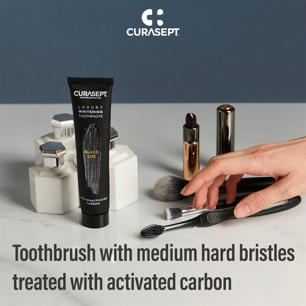 Curasept Black Luxury Whitening Toothpaste With Activated Carbon 75ml + Curasept Whitening Toothbrush, Pack of 2 pieces
