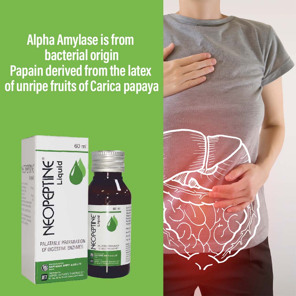 Neopeptine Digestive Enzyme Supplement, Palatable Liquid For Indigestion Relief 60ml