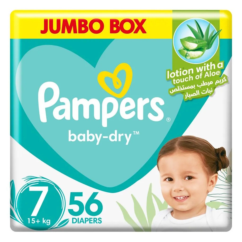 Pampers Baby-Dry Baby Diapers With Aloe Vera, Size 7, 15+Kg, Jumbo Pack of 56's