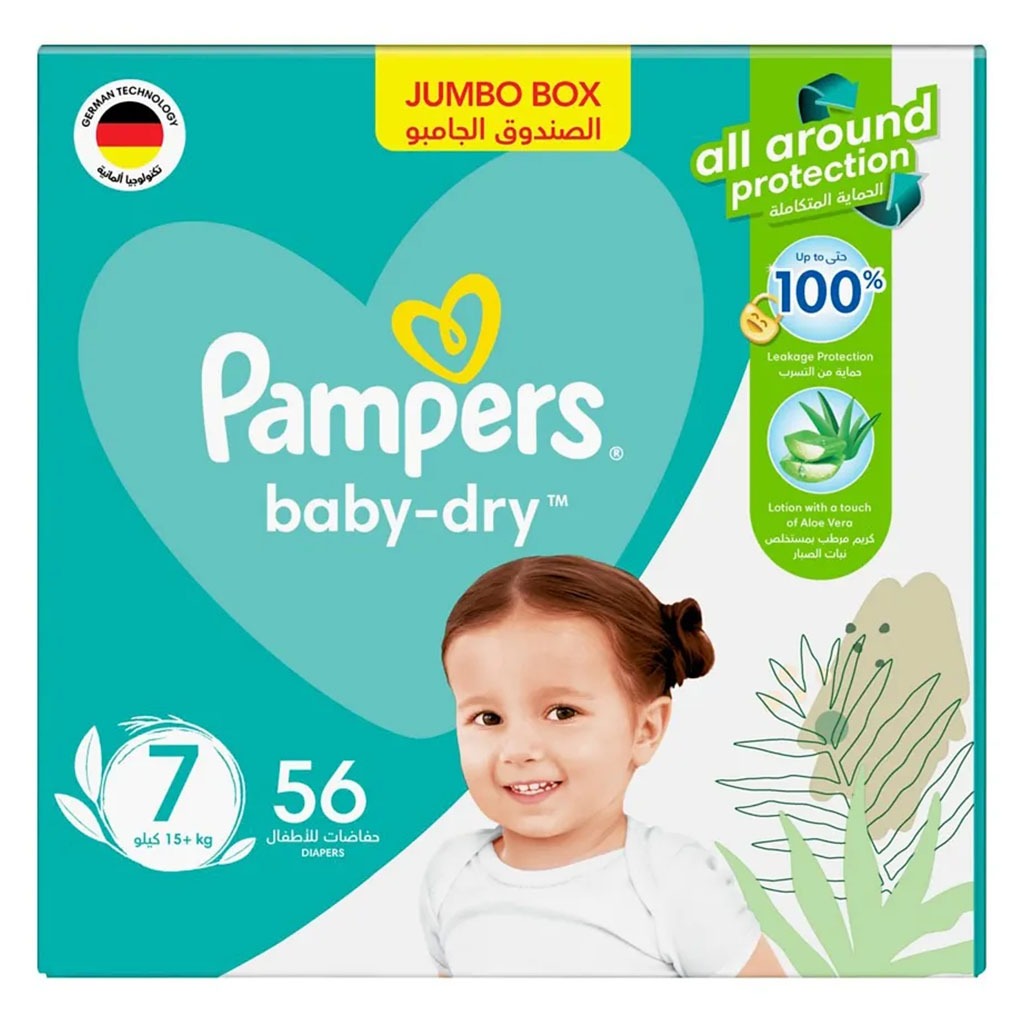 Pampers Baby-Dry Baby Diapers With Aloe Vera, Size 7, 15+Kg, Jumbo Pack of 56's