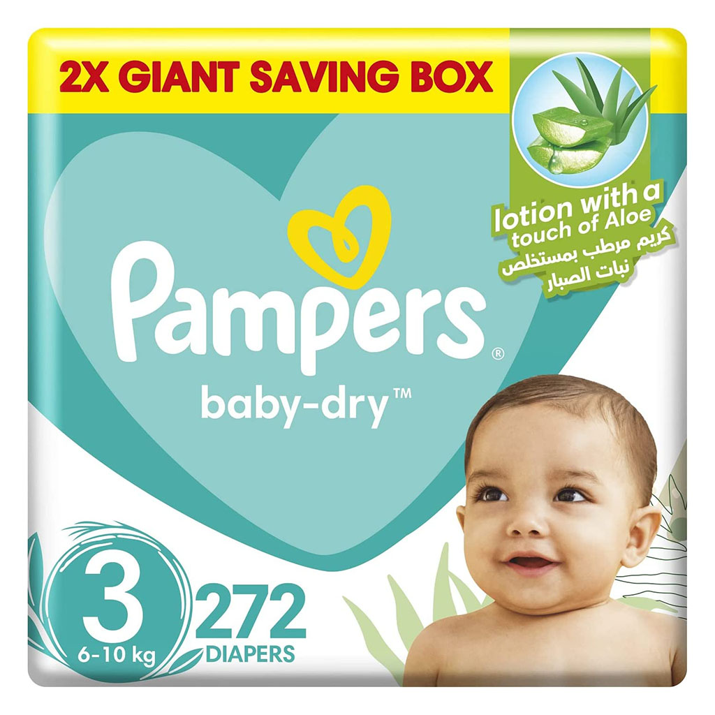Pampers Baby-Dry Baby Diapers With Aloe Vera, Size 3, 6-10Kg, Giant Saving Pack of 272's