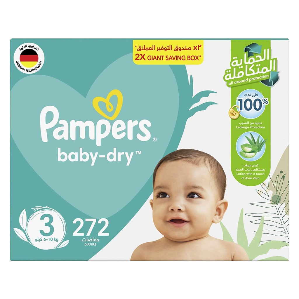 Pampers Baby-Dry Baby Diapers With Aloe Vera, Size 3, 6-10Kg, Giant Saving Pack of 272's