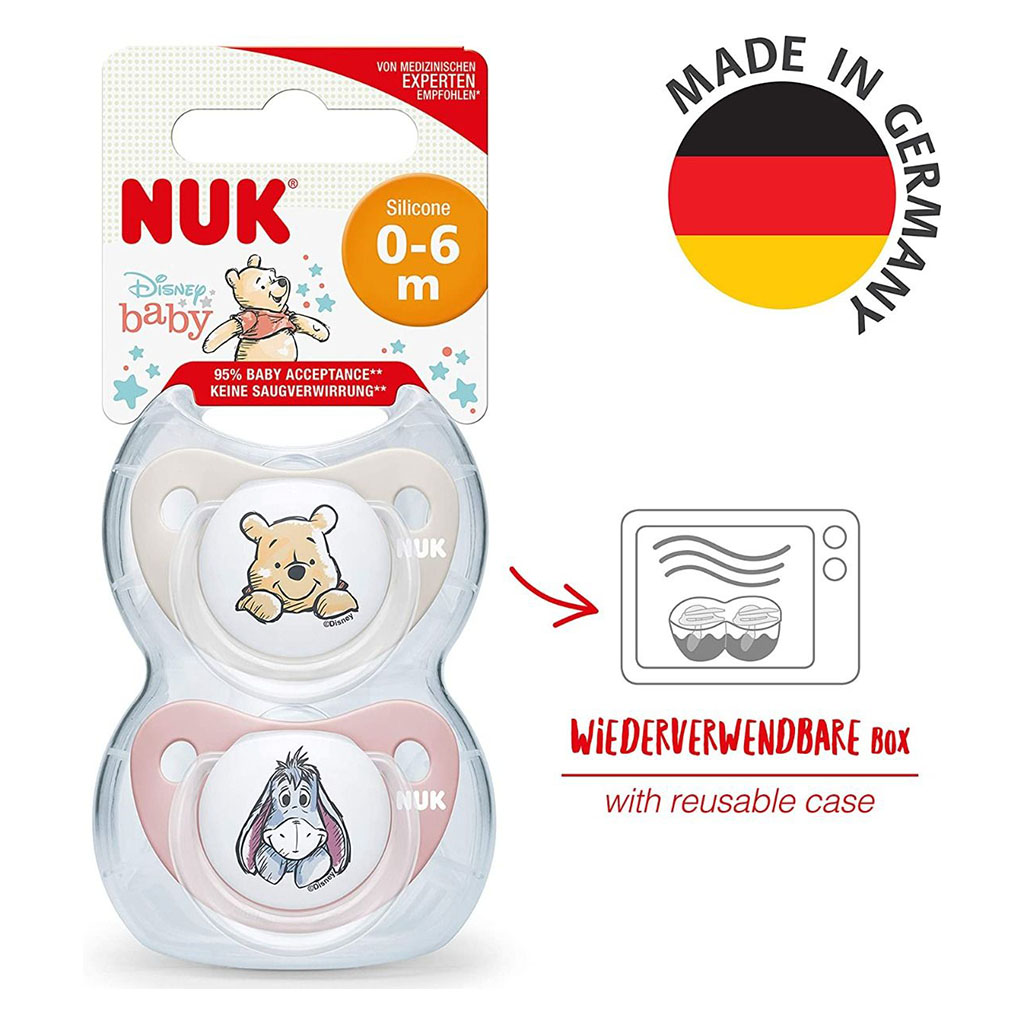 NUK Disney Winnie The Pooh Trendline Silicone Soother For 0-6 Months Baby, Assorted Pack of 2's