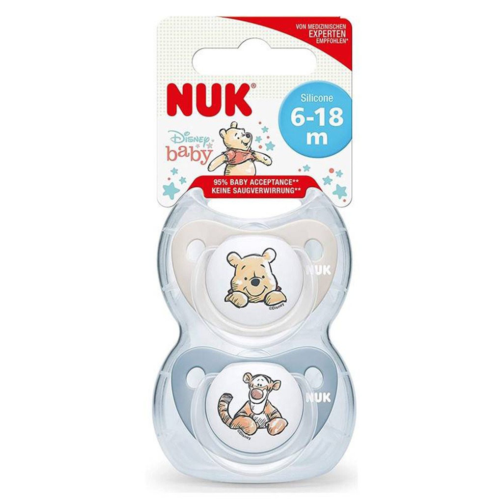 NUK Disney Winnie The Pooh Trendline Silicone Soother For 6-18 Months Baby, Pack of 2's, Assorted colures