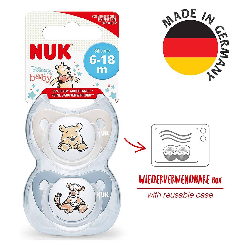 NUK Disney Winnie The Pooh Trendline Silicone Soother For 6-18 Months Baby, Pack of 2's, Assorted colures