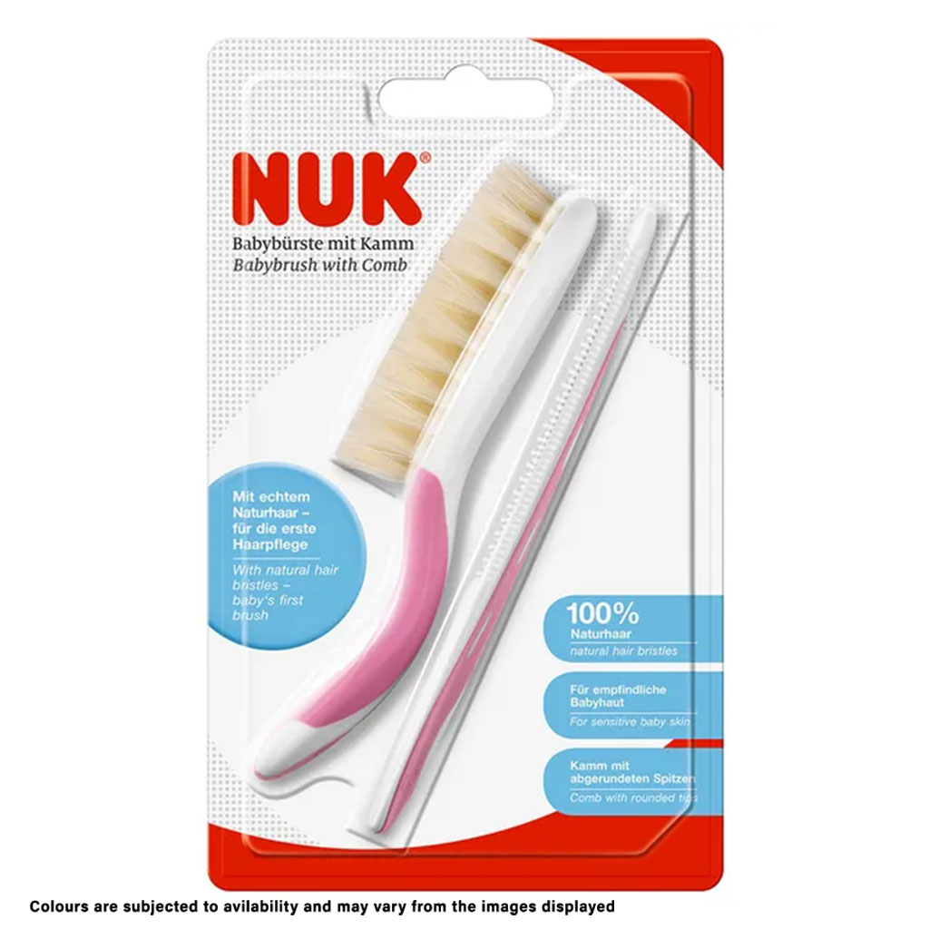 Nuk Baby Hairbrush With Comb For Sensitive Baby Skin, Assorted Pack of 2 Pieces