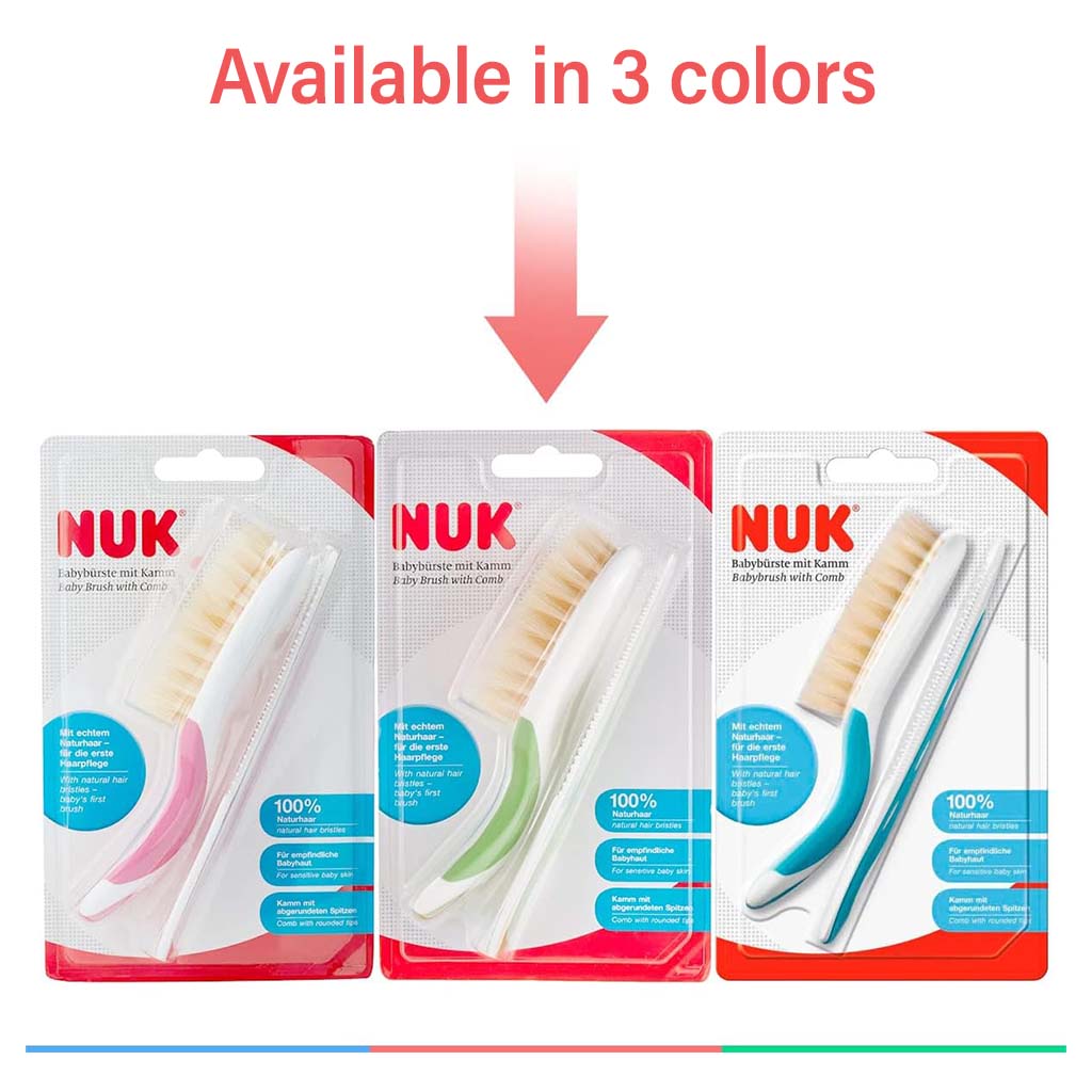 Nuk Baby Hairbrush With Comb For Sensitive Baby Skin, Assorted Pack of 2 Pieces