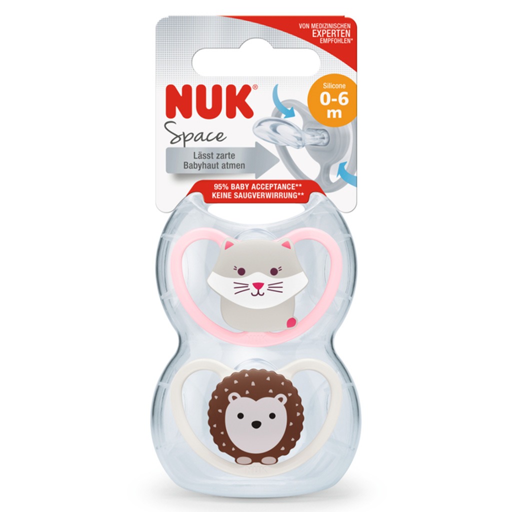 NUK Space Silicone Soothers For 0-6 Months Baby, Assorted Pack of 2's
