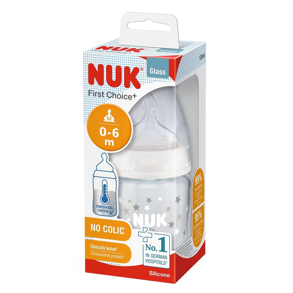 Nuk First Choice+ 120ml Anti-Colic Baby Feeding Glass Bottle With Temperature Control, Assorted Pack of 1's