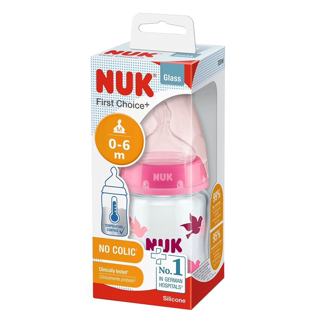 Nuk First Choice+ 120ml Anti-Colic Baby Feeding Glass Bottle With Temperature Control, Assorted Pack of 1's
