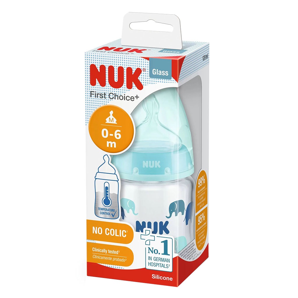 Nuk First Choice+ 120ml Anti-Colic Baby Feeding Glass Bottle With Temperature Control, Assorted Pack of 1's