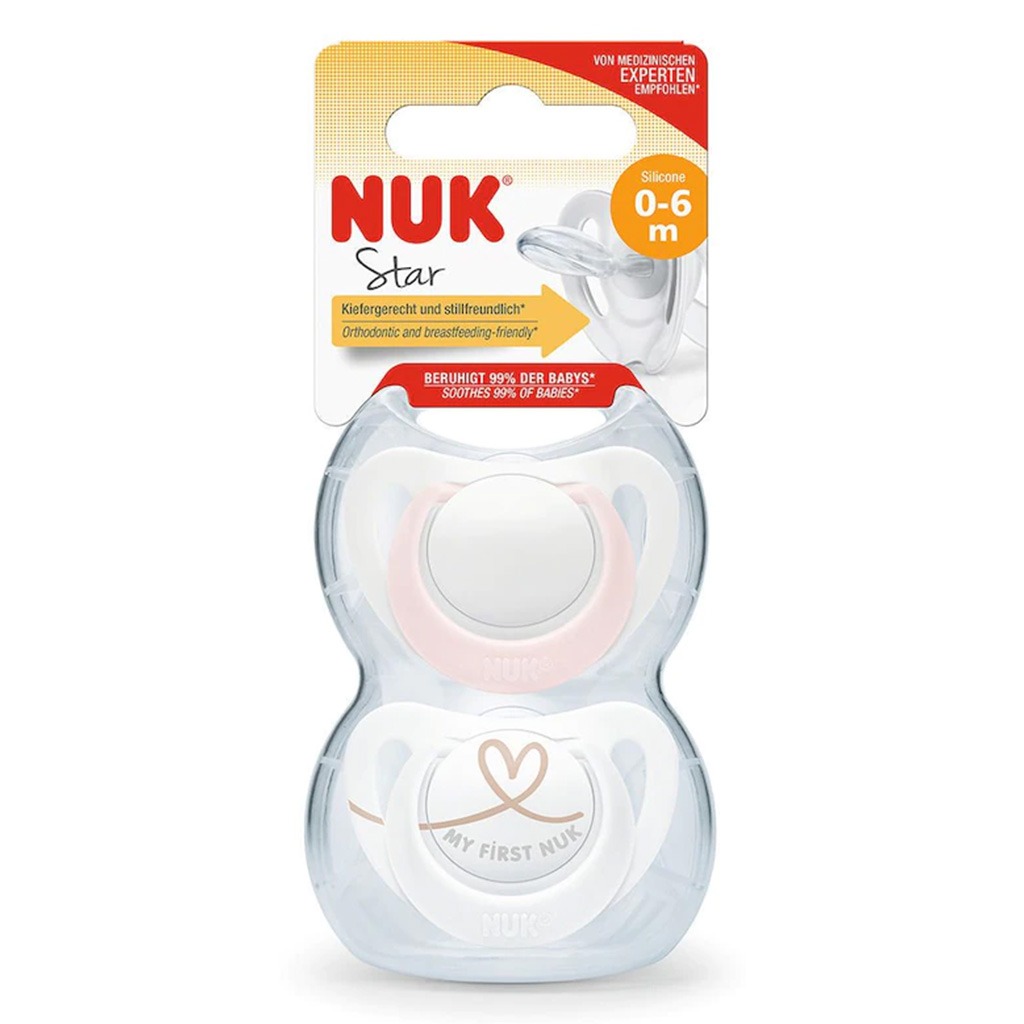 NUK Star Silicone Soother For 0-6 Months Baby, Assorted Pack of 2's