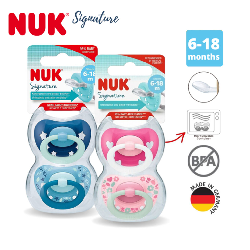Nuk Signature Silicone Soother For 6-18 Months Baby, Assorted Pack of 2's