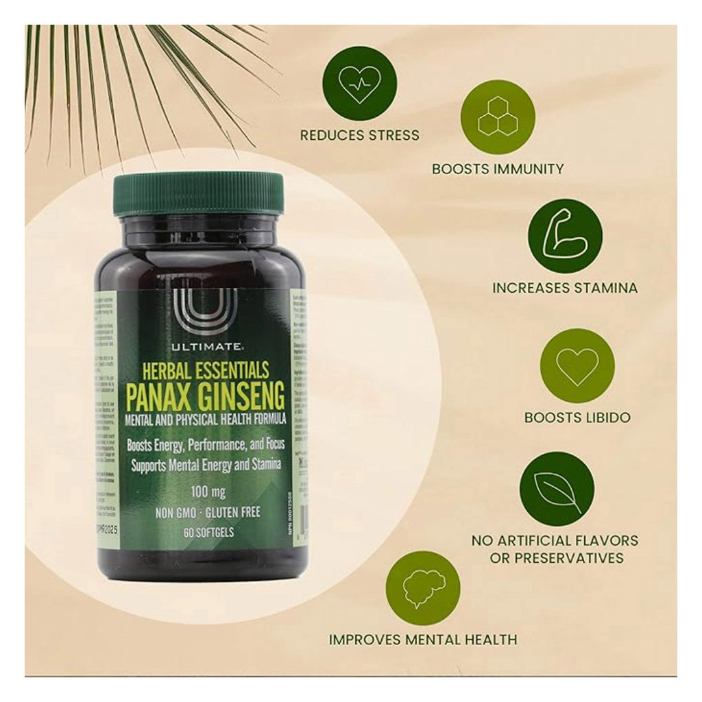 Ultimate Herbal Essential Panax Ginseng Softgels 100mg, Pack of 60’s