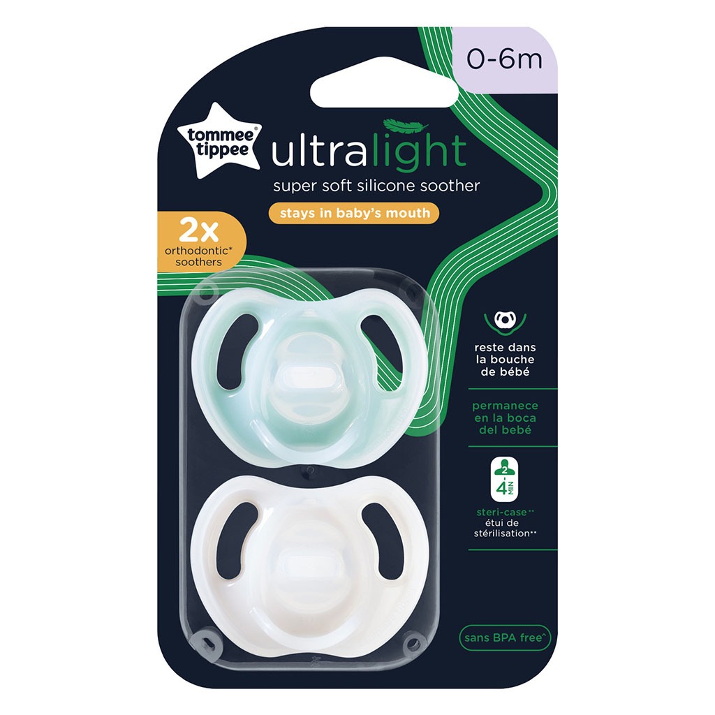 Tommee Tippee Ultralight Super Orthodontic Soft Silicone Baby Soother For 0 To 6 Months - Green/White, Pack of 2’s